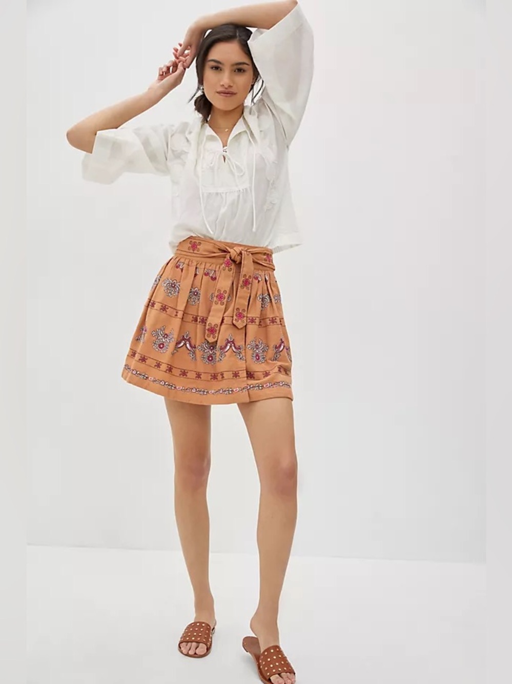 Anthropologie Peach Floral Tie-Waist Printed Mini Skirt
